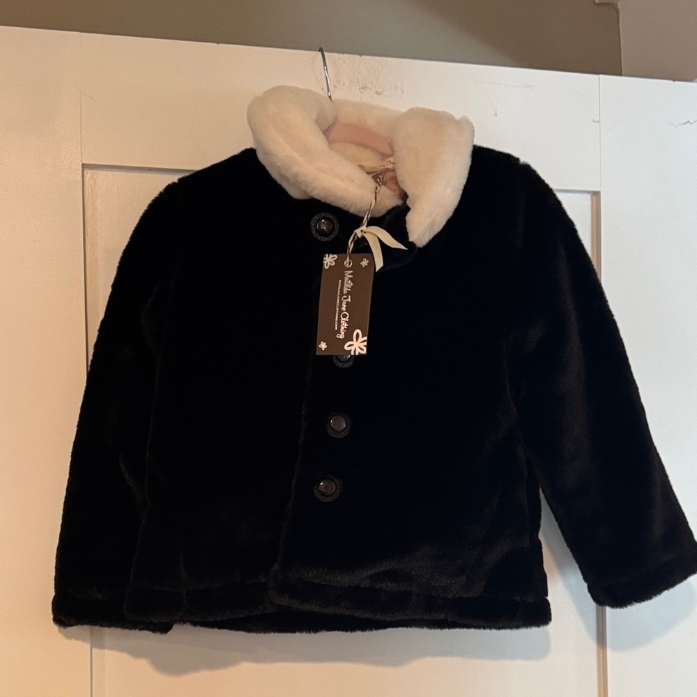 Matilda Jane Black faux fur coat with Cream Collar